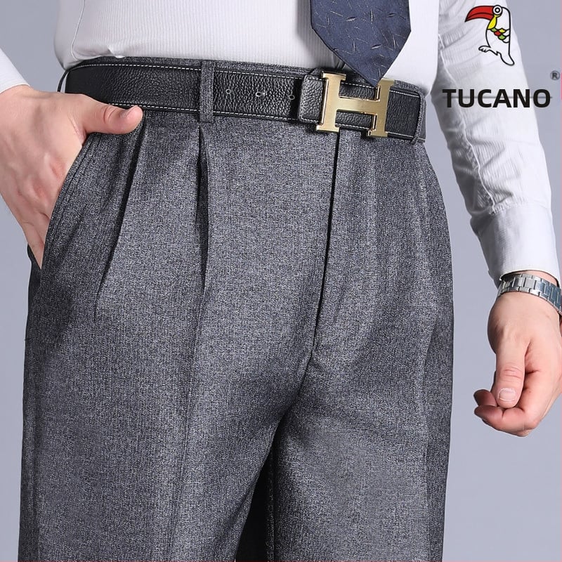 Muške hlače s dvostrukim plisama, visokim strukom, labavim krojem, ravnog kroja, poliester tkanina