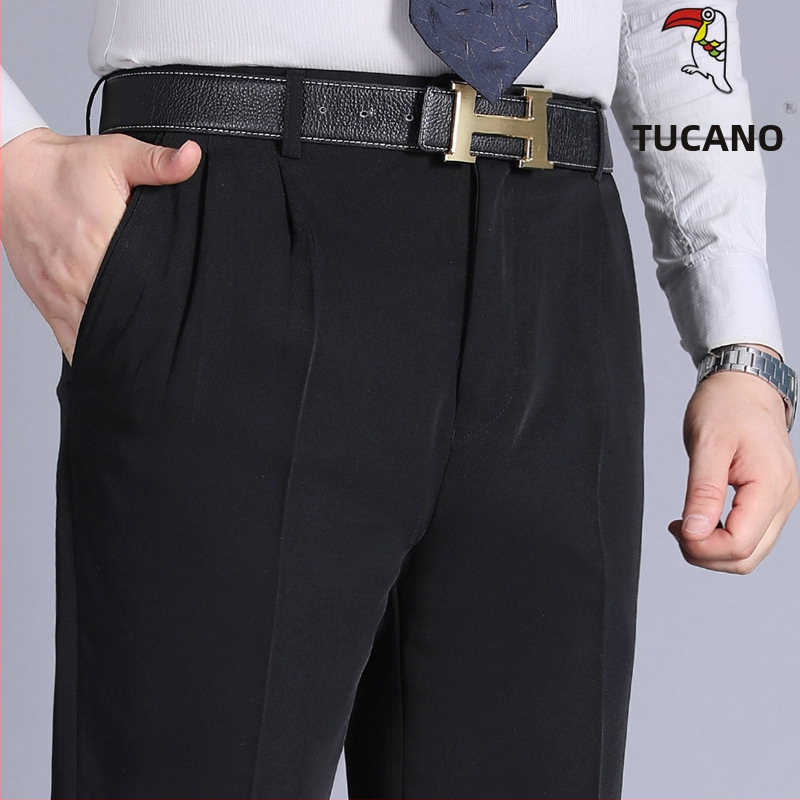 Muške hlače s dvostrukim plisama, visokim strukom, labavim krojem, ravnog kroja, poliester tkanina