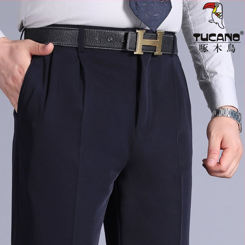 Muške hlače s dvostrukim plisama, visokim strukom, labavim krojem, ravnog kroja, poliester tkanina