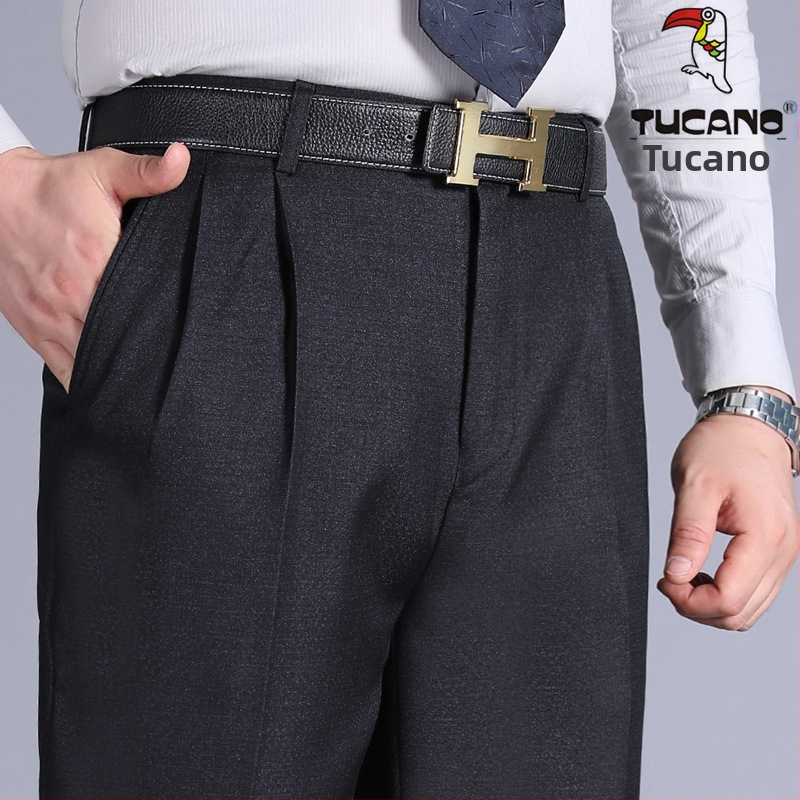 Muške hlače s dvostrukim plisama, visokim strukom, labavim krojem, ravnog kroja, poliester tkanina