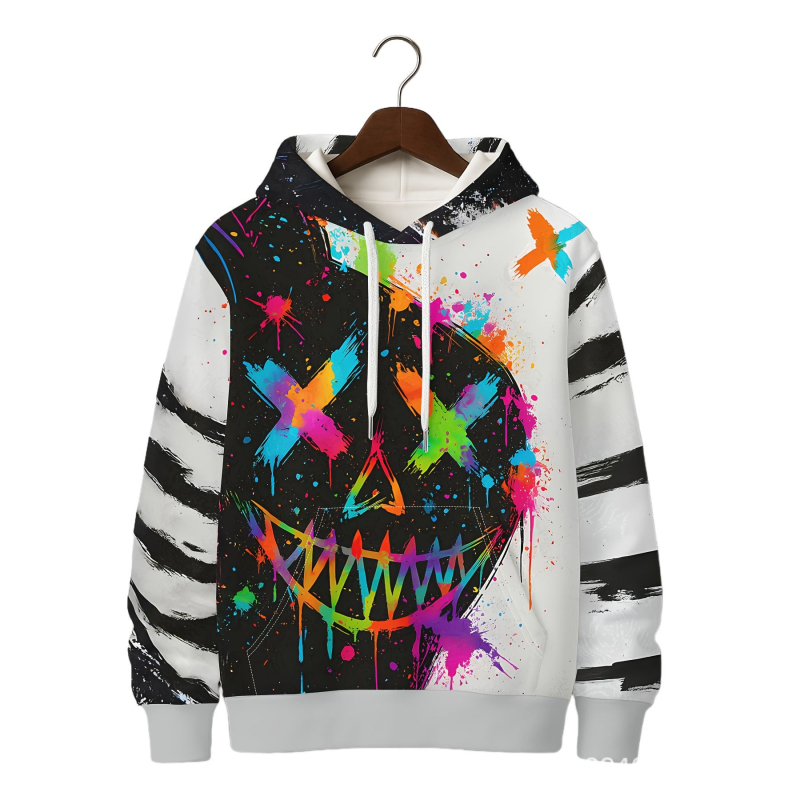 Férfi kapucnis pulóver 3D digitális nyomtatással – hosszú ujjú, lazán szabott, 3D patch zseb, poliészter 96%+