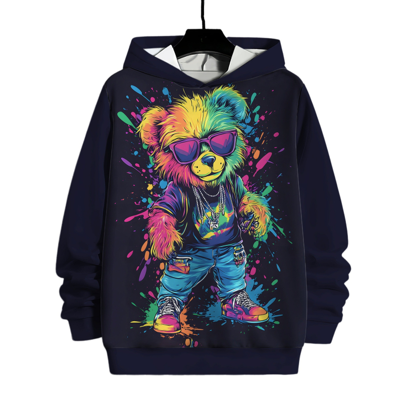 Ανδρικό φούτερ με κουκούλα και 3D ψηφιακή εκτύπωση – μακριά μανίκια, χαλαρή γραμμή, τσέπη τύπου 3D patch, πολυεστέρας 96%+