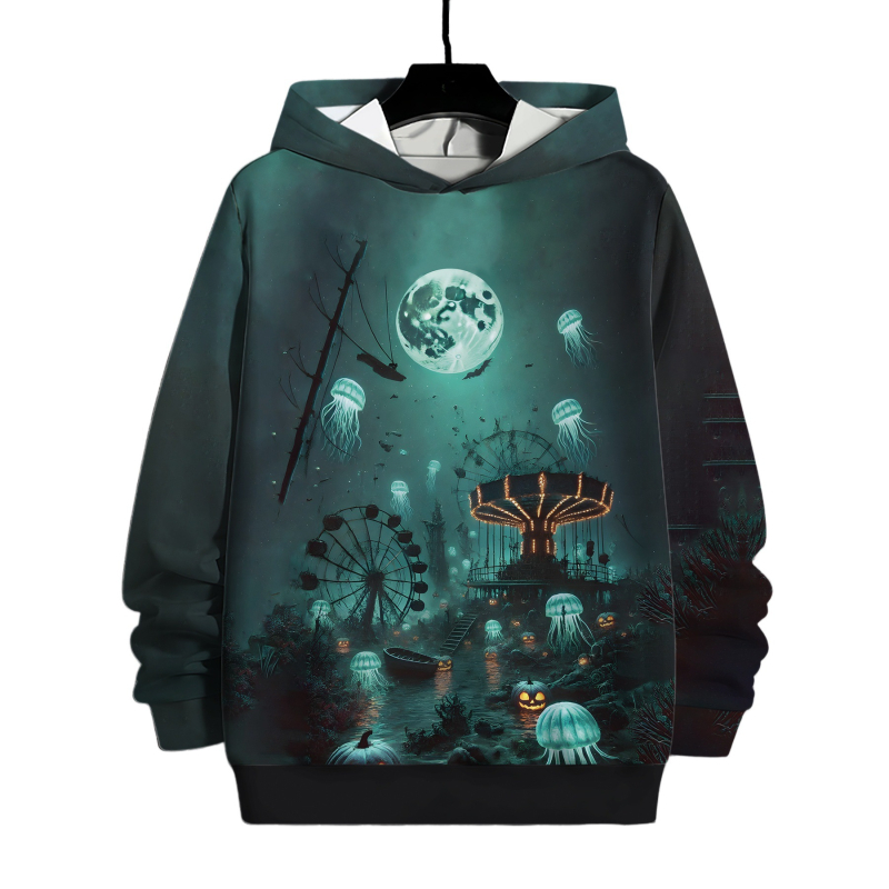 Ανδρικό φούτερ με κουκούλα και 3D ψηφιακή εκτύπωση – μακριά μανίκια, χαλαρή γραμμή, τσέπη τύπου 3D patch, πολυεστέρας 96%+