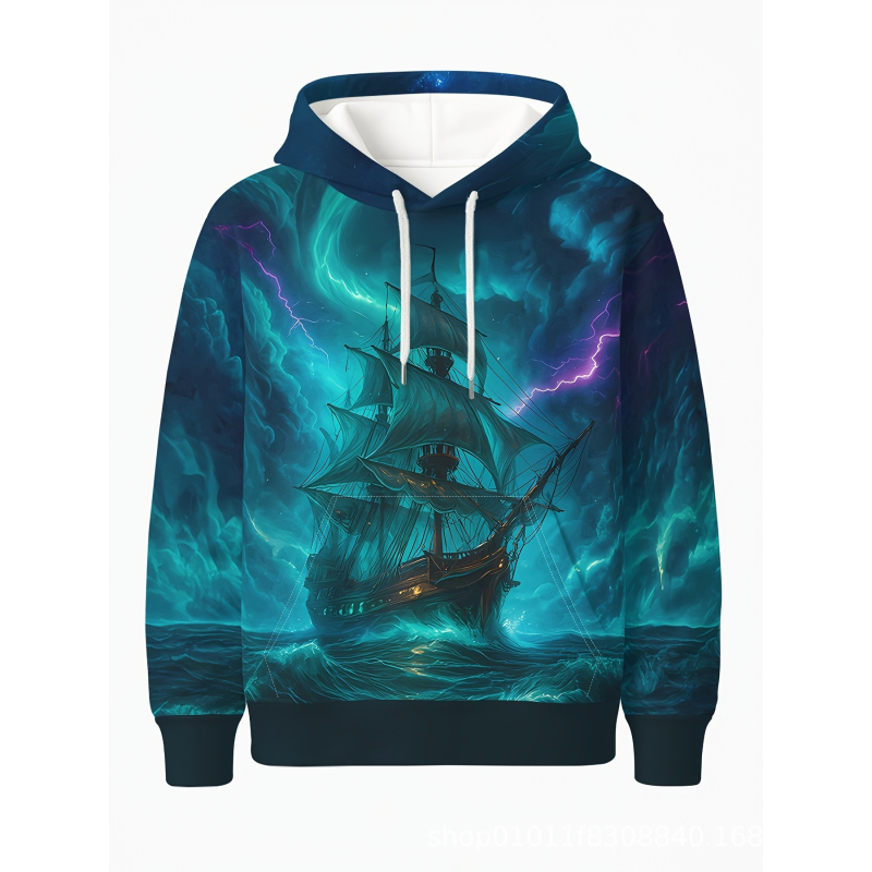 Ανδρικό φούτερ με κουκούλα και 3D ψηφιακή εκτύπωση – μακριά μανίκια, χαλαρή γραμμή, τσέπη τύπου 3D patch, πολυεστέρας 96%+