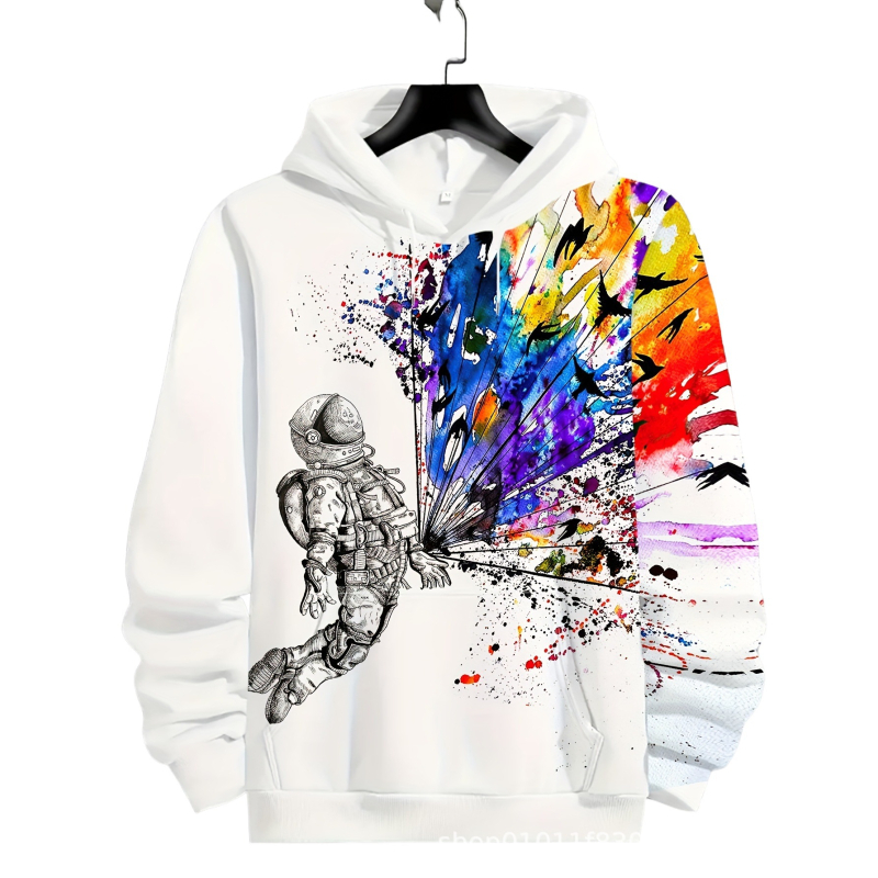 Ανδρικό φούτερ με κουκούλα και 3D ψηφιακή εκτύπωση – μακριά μανίκια, χαλαρή γραμμή, τσέπη τύπου 3D patch, πολυεστέρας 96%+