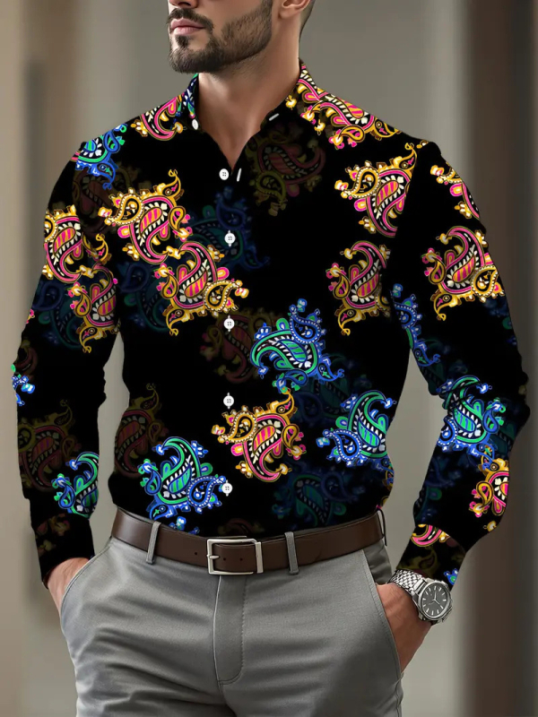 3D divatnyomású ing, szűk szabású, hosszú ujjú, színblokkolt minta