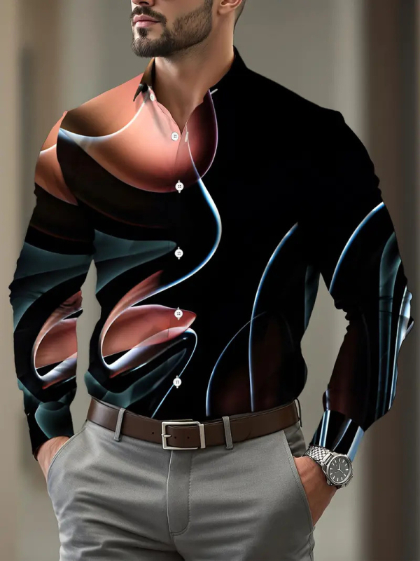 3D divatnyomású ing, szűk szabású, hosszú ujjú, színblokkolt minta