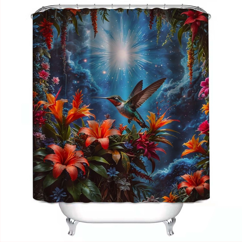 Sprchový zástena z polyesteru, moderný minimalistický štýl, motív kolibríka, možnosť potlače loga, kód produktu Yl-bt-011-020