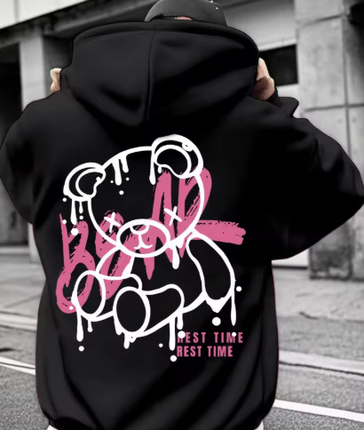 Φούτερ με κουκούλα με 3D ψηφιακό εκτύπωμα αρκούδας – πουλόβερ, χαλαρή γραμμή, μακριά μανίκια, πολυεστέρας 96%