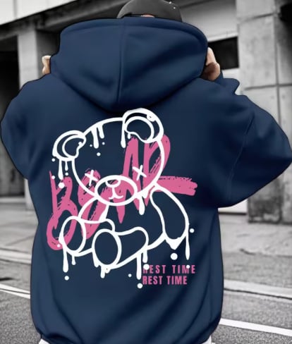 Φούτερ με κουκούλα με 3D ψηφιακό εκτύπωμα αρκούδας – πουλόβερ, χαλαρή γραμμή, μακριά μανίκια, πολυεστέρας 96%