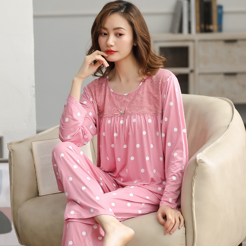 Σετ πιτζάμας από Modal-Viscose, πουλόβερ με στρογγυλό λαιμό και μακριά μανίκια, μακριές παντελόνες, ελαφρύ για Άνοιξη και Φθινόπωρο