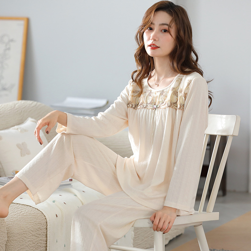 Σετ πιτζάμας από Modal-Viscose, πουλόβερ με στρογγυλό λαιμό και μακριά μανίκια, μακριές παντελόνες, ελαφρύ για Άνοιξη και Φθινόπωρο