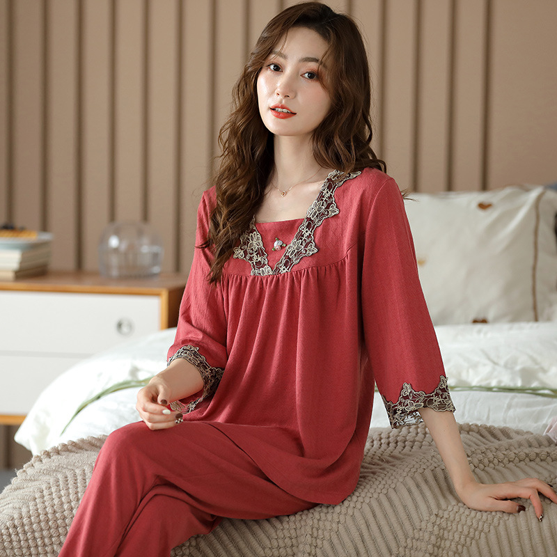 Σετ πιτζάμας από Modal-Viscose, πουλόβερ με στρογγυλό λαιμό και μακριά μανίκια, μακριές παντελόνες, ελαφρύ για Άνοιξη και Φθινόπωρο