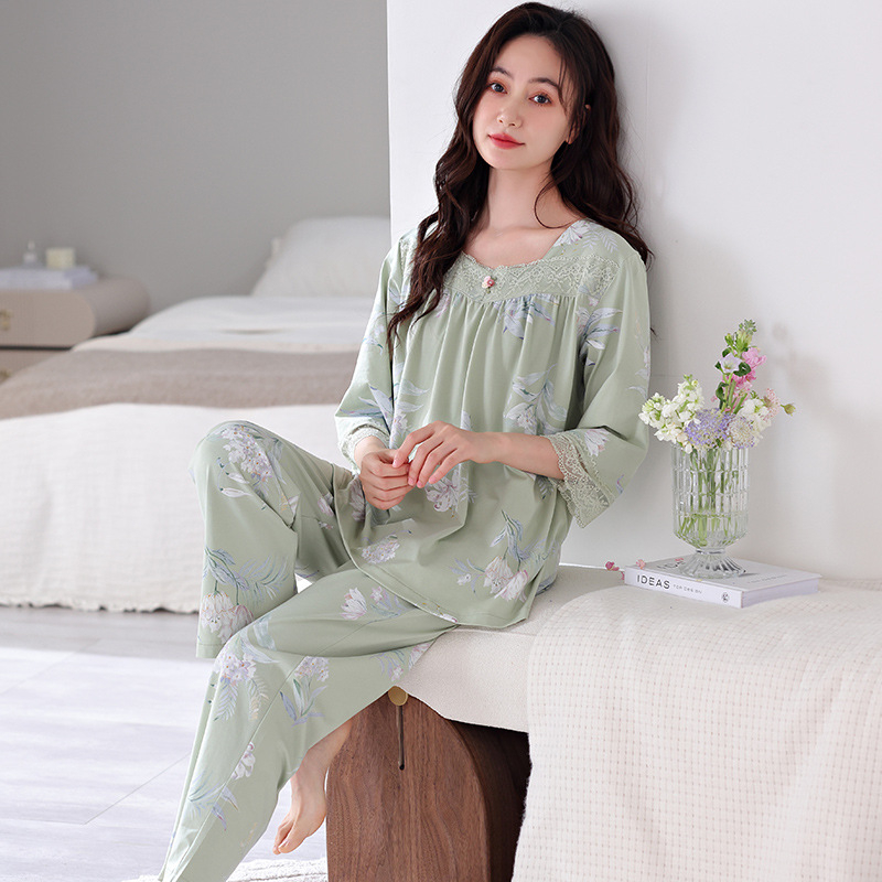 Σετ πιτζάμας από Modal-Viscose, πουλόβερ με στρογγυλό λαιμό και μακριά μανίκια, μακριές παντελόνες, ελαφρύ για Άνοιξη και Φθινόπωρο