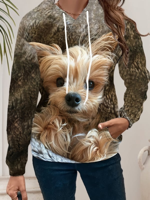 Ženski pulover s kapuljom, 3D otisak životinja, širok kroj, poliester smjesa, proljeće 2025