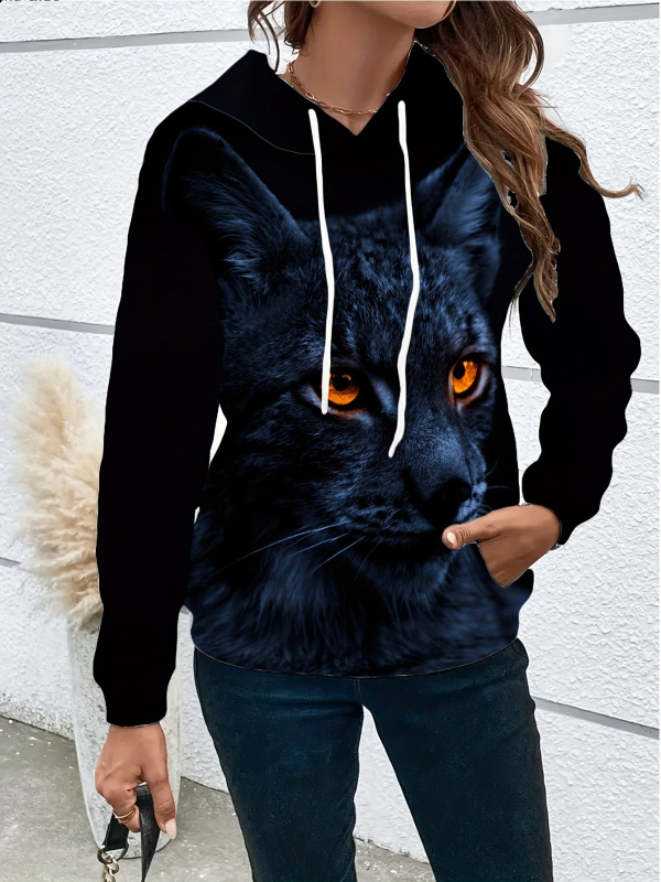 Ženski pulover s kapuljom, 3D otisak životinja, širok kroj, poliester smjesa, proljeće 2025