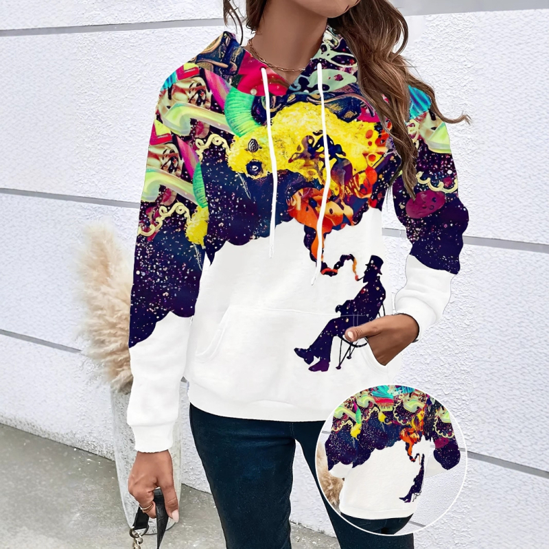 Ženski pulover s kapuljom, 3D otisak životinja, širok kroj, poliester smjesa, proljeće 2025