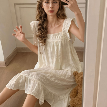 Νυχτερινό φόρεμα ύπνου με επένδυση στήθους, Cloud Cotton ύφασμα, φουσκωτά μανίκια, τετράγωνο γιακά — Καλοκαιρινή εκδοχή, μοντέλο wrg-887