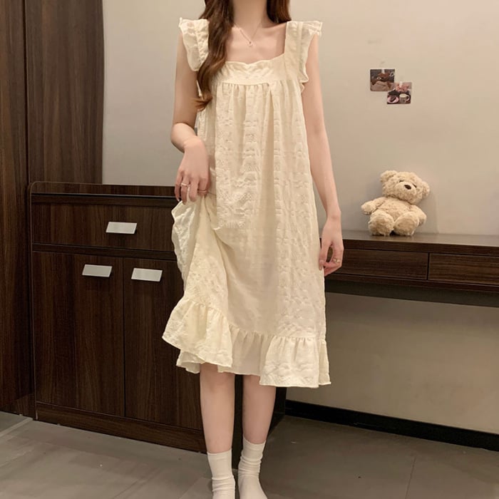 Νυχτερινό φόρεμα ύπνου με επένδυση στήθους, Cloud Cotton ύφασμα, φουσκωτά μανίκια, τετράγωνο γιακά — Καλοκαιρινή εκδοχή, μοντέλο wrg-887