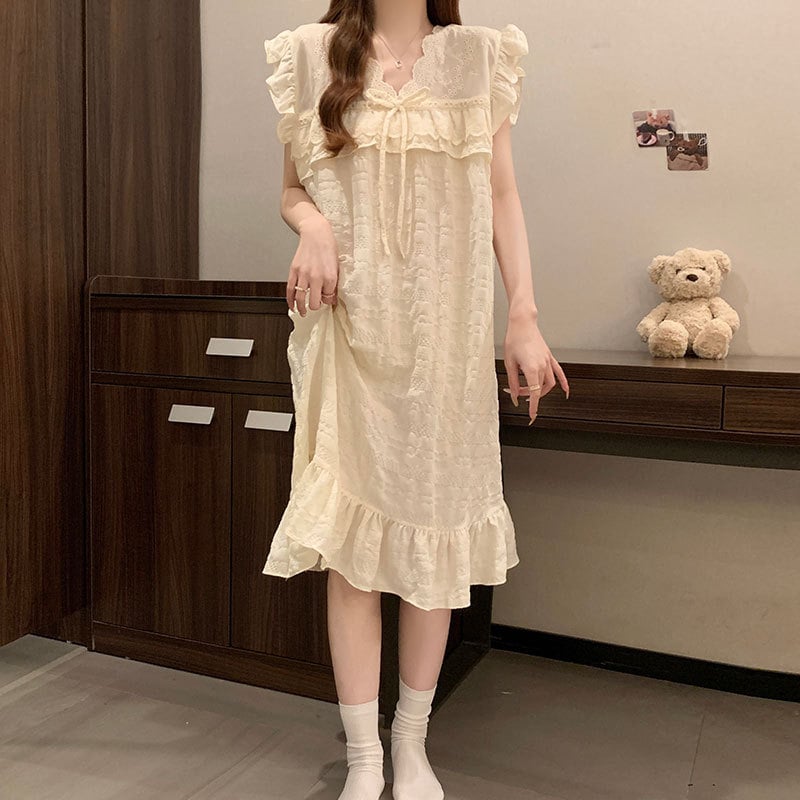 Νυχτερινό φόρεμα ύπνου με επένδυση στήθους, Cloud Cotton ύφασμα, φουσκωτά μανίκια, τετράγωνο γιακά — Καλοκαιρινή εκδοχή, μοντέλο wrg-887