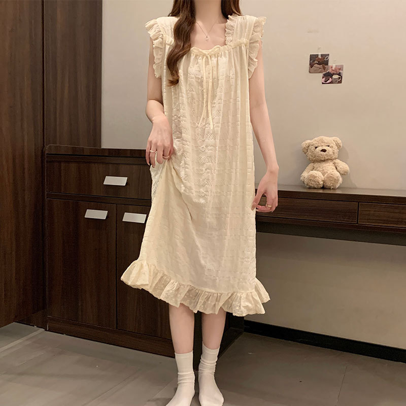 Νυχτερινό φόρεμα ύπνου με επένδυση στήθους, Cloud Cotton ύφασμα, φουσκωτά μανίκια, τετράγωνο γιακά — Καλοκαιρινή εκδοχή, μοντέλο wrg-887