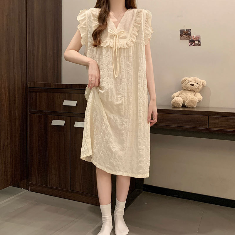 Νυχτερινό φόρεμα ύπνου με επένδυση στήθους, Cloud Cotton ύφασμα, φουσκωτά μανίκια, τετράγωνο γιακά — Καλοκαιρινή εκδοχή, μοντέλο wrg-887