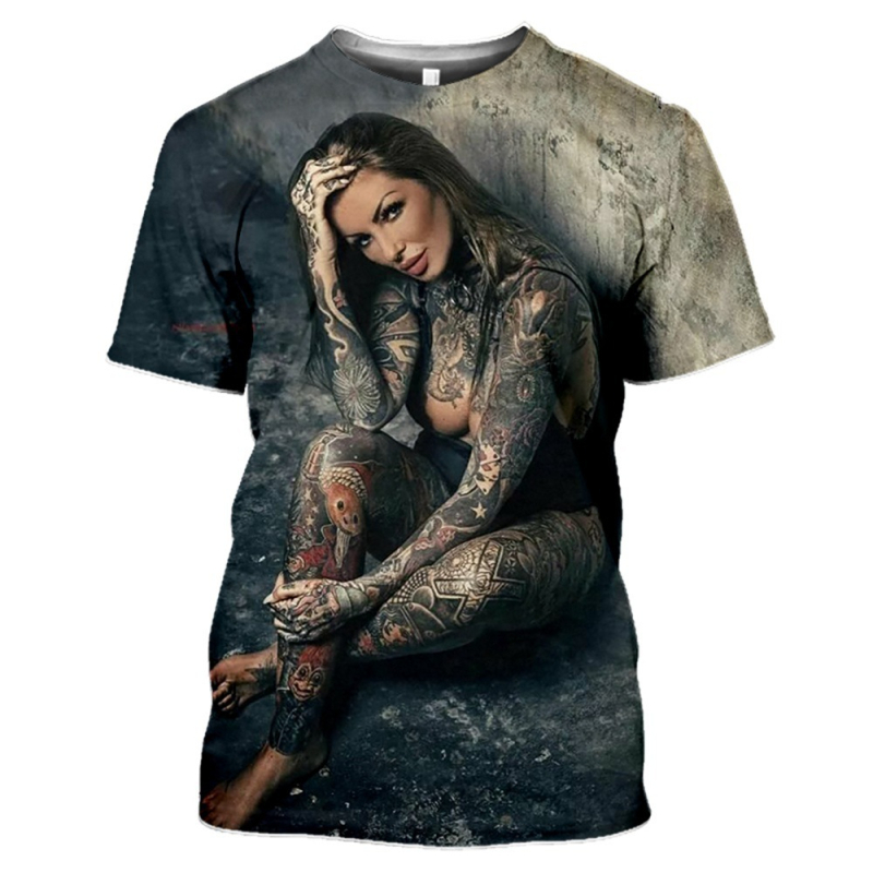 Poliészter 3D nyomtatású póló kerek nyakkal, nyári laza szabás