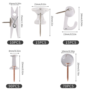 Biuro reikmenų rinkinys: 200 vnt. kamštinės plokštės smeigtukai dėžutėje su penkiais skyreliais, I formos smeigtukai su adatos klipais ir mezgimo kabliukais