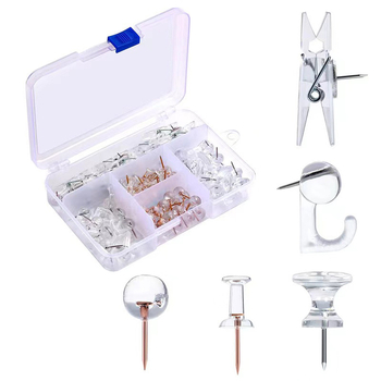 Biuro reikmenų rinkinys: 200 vnt. kamštinės plokštės smeigtukai dėžutėje su penkiais skyreliais, I formos smeigtukai su adatos klipais ir mezgimo kabliukais