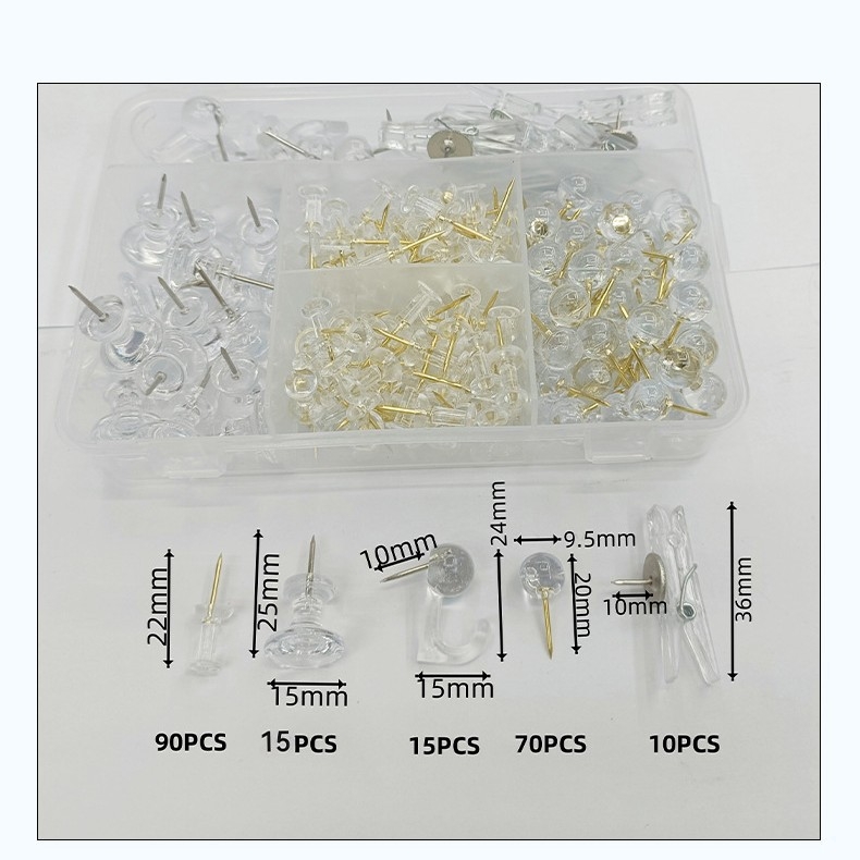 Biuro reikmenų rinkinys: 200 vnt. kamštinės plokštės smeigtukai dėžutėje su penkiais skyreliais, I formos smeigtukai su adatos klipais ir mezgimo kabliukais