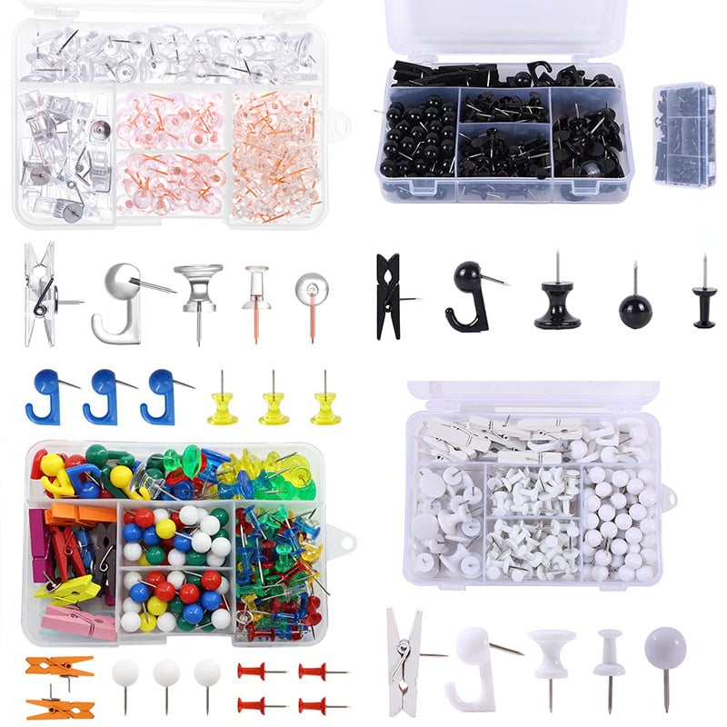 Biuro reikmenų rinkinys: 200 vnt. kamštinės plokštės smeigtukai dėžutėje su penkiais skyreliais, I formos smeigtukai su adatos klipais ir mezgimo kabliukais