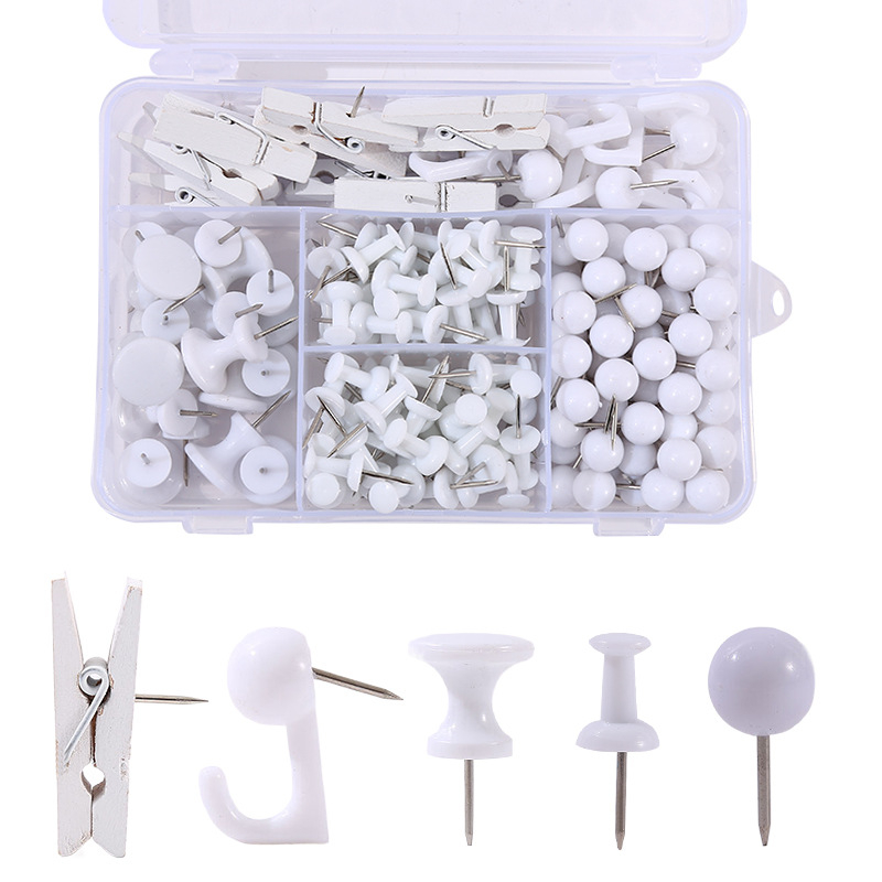 Biuro reikmenų rinkinys: 200 vnt. kamštinės plokštės smeigtukai dėžutėje su penkiais skyreliais, I formos smeigtukai su adatos klipais ir mezgimo kabliukais