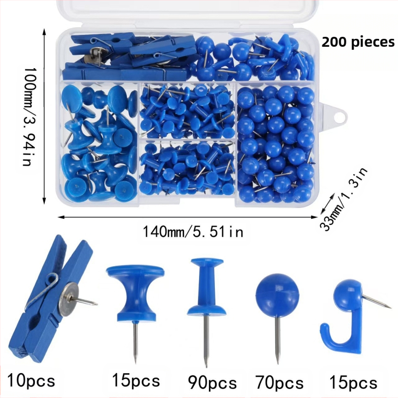 Biuro reikmenų rinkinys: 200 vnt. kamštinės plokštės smeigtukai dėžutėje su penkiais skyreliais, I formos smeigtukai su adatos klipais ir mezgimo kabliukais