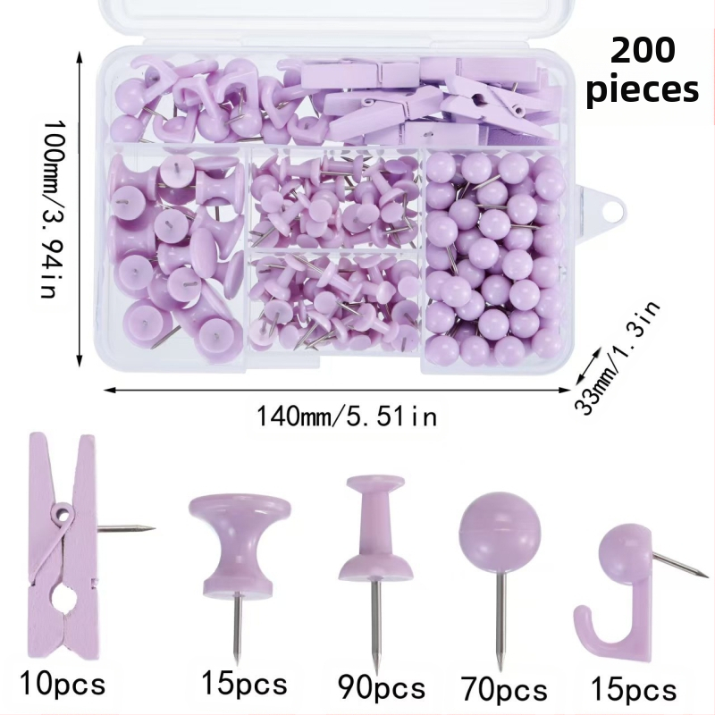 Biuro reikmenų rinkinys: 200 vnt. kamštinės plokštės smeigtukai dėžutėje su penkiais skyreliais, I formos smeigtukai su adatos klipais ir mezgimo kabliukais