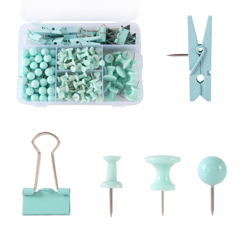 Biuro reikmenų rinkinys: 200 vnt. kamštinės plokštės smeigtukai dėžutėje su penkiais skyreliais, I formos smeigtukai su adatos klipais ir mezgimo kabliukais