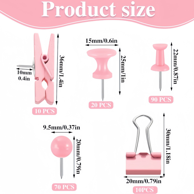 Biuro reikmenų rinkinys: 200 vnt. kamštinės plokštės smeigtukai dėžutėje su penkiais skyreliais, I formos smeigtukai su adatos klipais ir mezgimo kabliukais