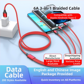 Dingrui Καλώδιο Φορτιστή 3-σε-1 με Νάιλον Πλέξιμο, Lightning, Micro USB, USB-C, Μήκος 1.2 m, Γρήγορη Φόρτιση
