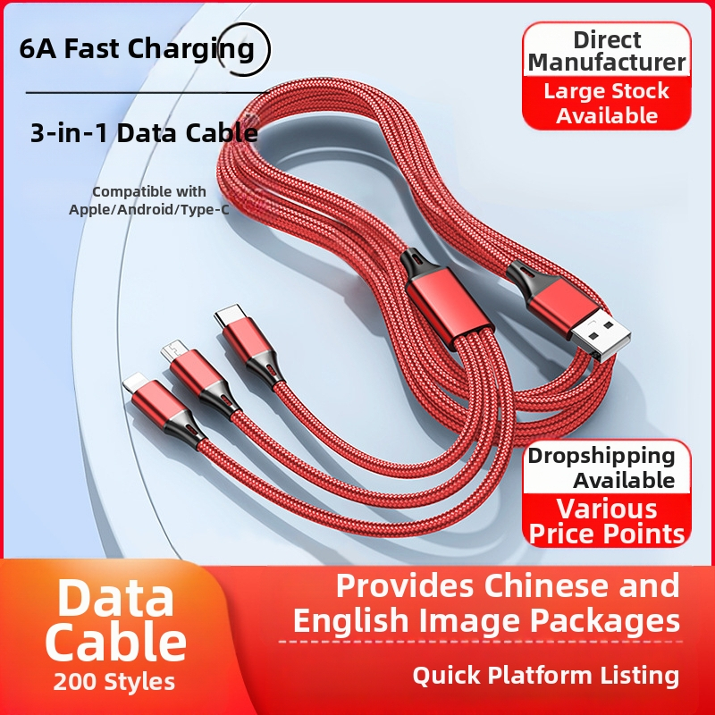 Dingrui Nylonový Pletený 3-v-1 Nabíjací Kábel, Lightning, Micro USB, USB-C, Dĺžka 1,2 m, Rýchle Nabíjanie