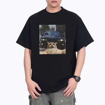 Унисекс памучна тениска с графично изображение на котка selfie – уличен хип-хоп стил, къс ръкав, права кройка, дишаща материя