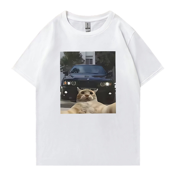 Унисекс памучна тениска с графично изображение на котка selfie – уличен хип-хоп стил, къс ръкав, права кройка, дишаща материя
