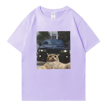 Унисекс памучна тениска с графично изображение на котка selfie – уличен хип-хоп стил, къс ръкав, права кройка, дишаща материя