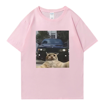 Унисекс памучна тениска с графично изображение на котка selfie – уличен хип-хоп стил, къс ръкав, права кройка, дишаща материя