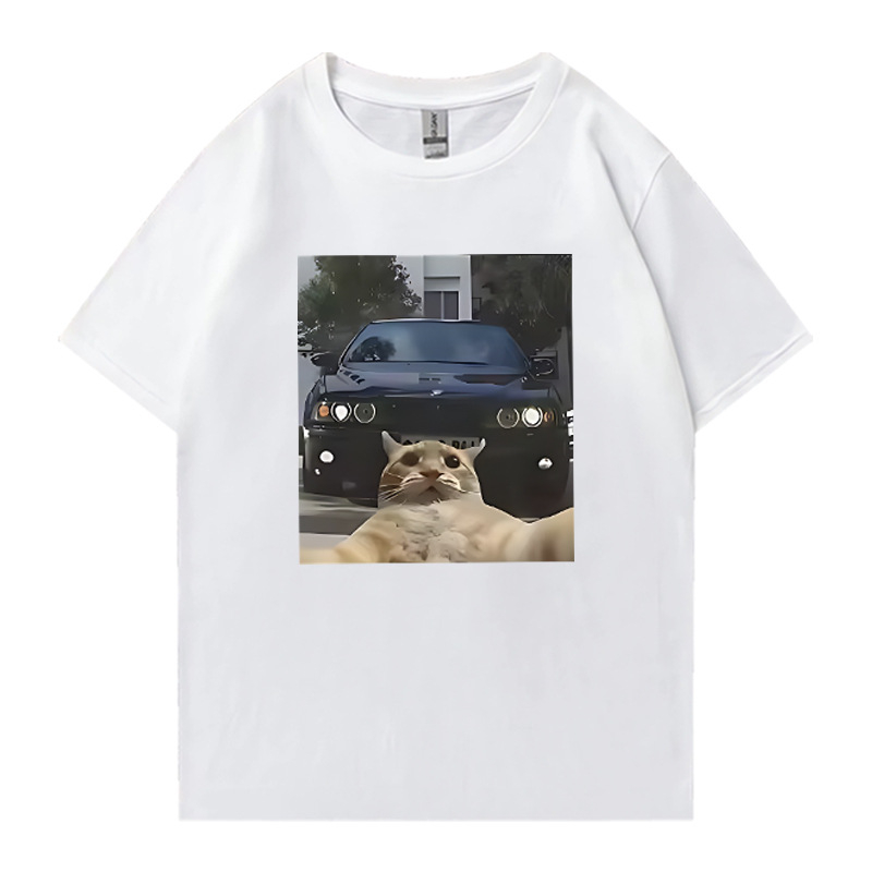 Унисекс памучна тениска с графично изображение на котка selfie – уличен хип-хоп стил, къс ръкав, права кройка, дишаща материя