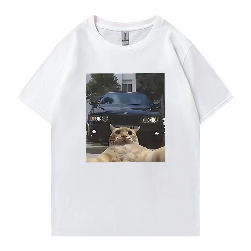 Унисекс памучна тениска с графично изображение на котка selfie – уличен хип-хоп стил, къс ръкав, права кройка, дишаща материя