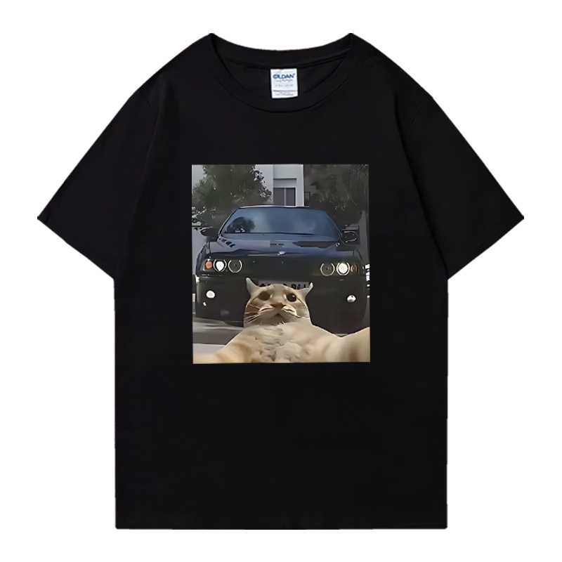 Унисекс памучна тениска с графично изображение на котка selfie – уличен хип-хоп стил, къс ръкав, права кройка, дишаща материя