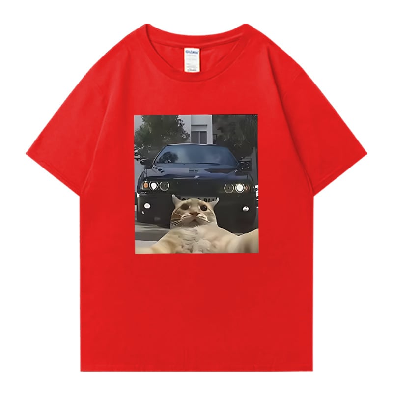 Унисекс памучна тениска с графично изображение на котка selfie – уличен хип-хоп стил, къс ръкав, права кройка, дишаща материя