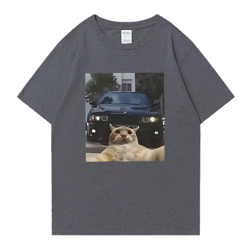 Унисекс памучна тениска с графично изображение на котка selfie – уличен хип-хоп стил, къс ръкав, права кройка, дишаща материя