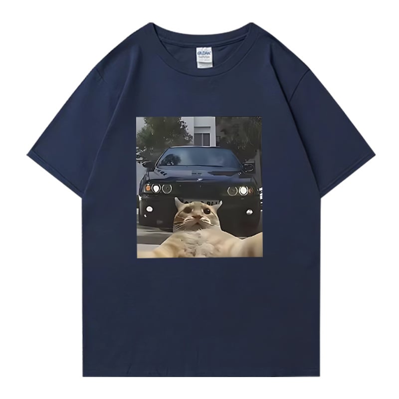 Унисекс памучна тениска с графично изображение на котка selfie – уличен хип-хоп стил, къс ръкав, права кройка, дишаща материя