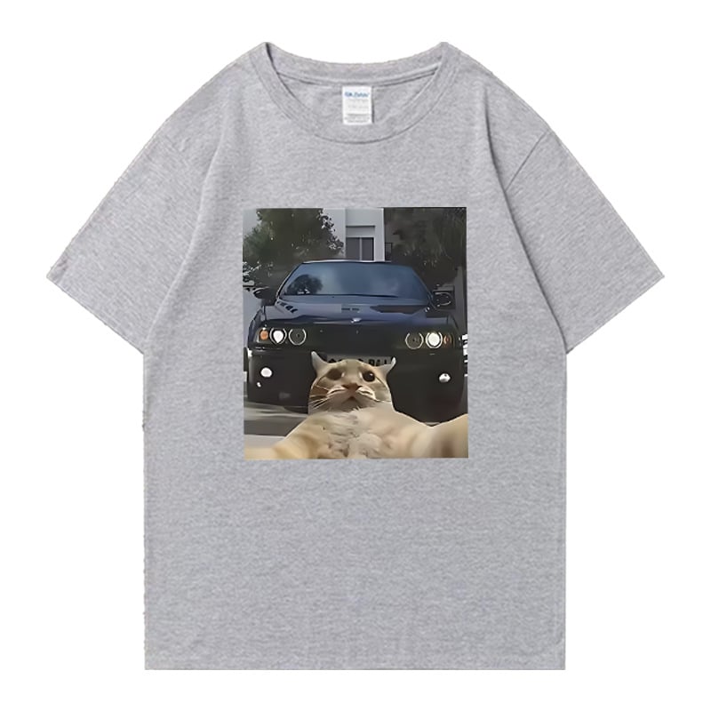 Унисекс памучна тениска с графично изображение на котка selfie – уличен хип-хоп стил, къс ръкав, права кройка, дишаща материя