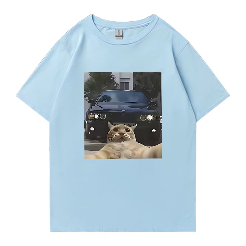 Унисекс памучна тениска с графично изображение на котка selfie – уличен хип-хоп стил, къс ръкав, права кройка, дишаща материя